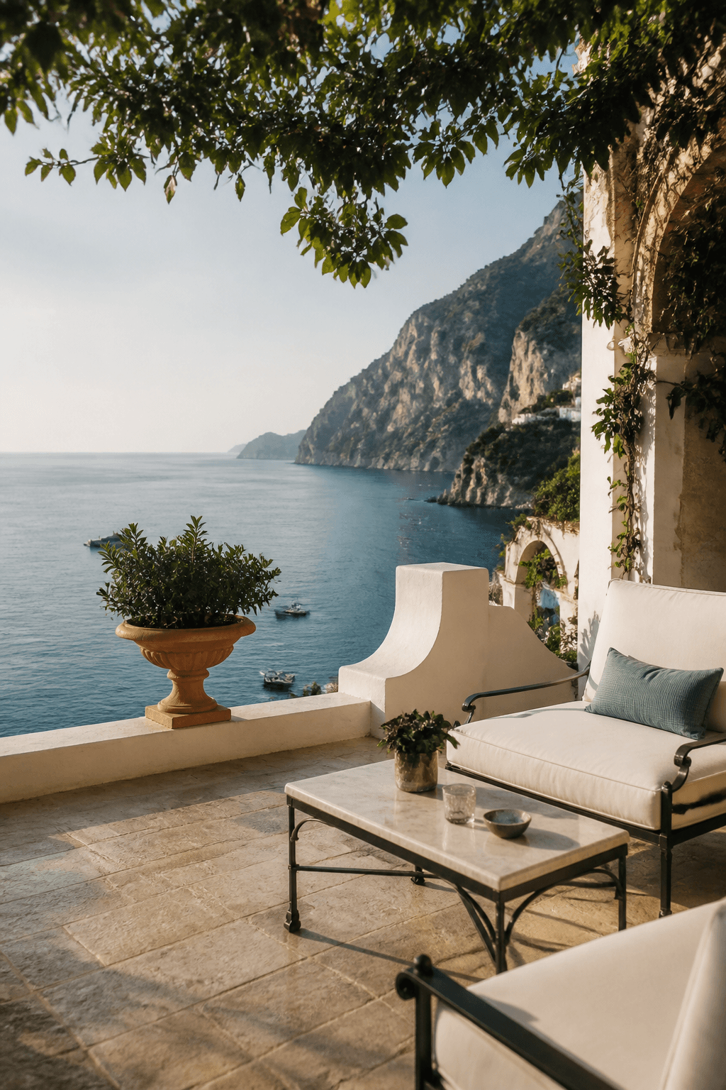 Coastal terrace overlooking calm blue water